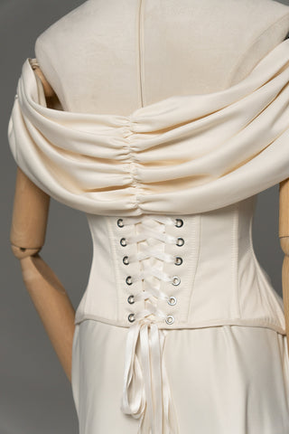 Wedding dress with draped silk corset top and straight skirt