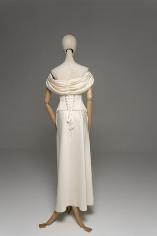 Wedding dress with draped silk corset top and straight skirt