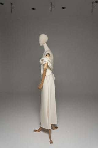 Wedding dress with draped silk corset top and straight skirt