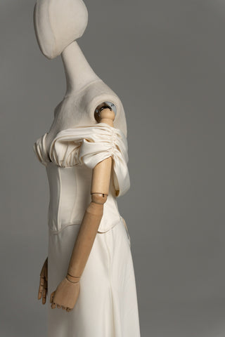 Wedding dress with draped silk corset top and straight skirt