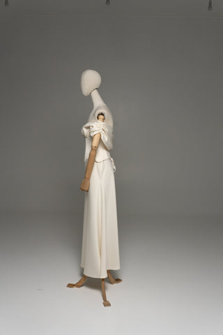 Wedding dress with draped silk corset top and straight skirt