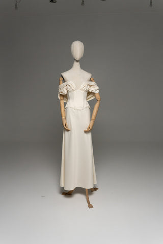 Wedding dress with draped silk corset top and straight skirt