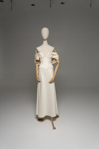 Wedding dress with draped silk corset top and straight skirt