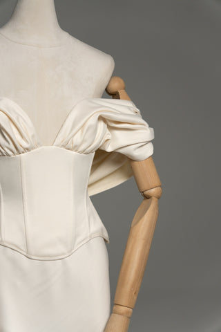 Wedding dress with draped silk corset top and straight skirt