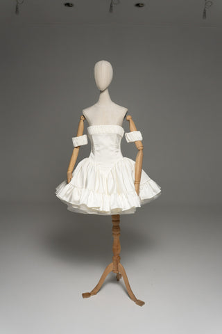 Short wedding dress with a corset bodice and a full skirt