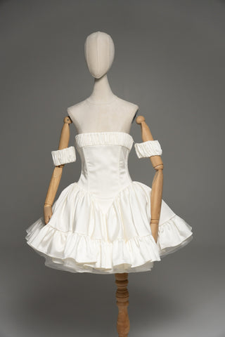 Short wedding dress with a corset bodice and a full skirt