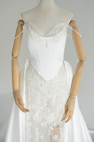 Lace and satin set with detachable train - designer piece by Caribis