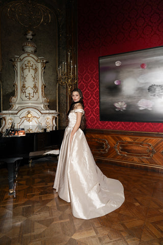 Tanya Bohdan x Caribis off-the-shoulder wedding dress - silky material, lacing on the back, and a long train
