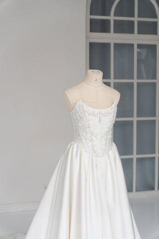 Wedding dress with silk corset top and removable satin skirt