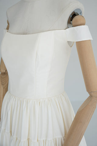 Wedding dress with taffeta bodice — features open shoulders, tiered hem, and multi-layered skirt