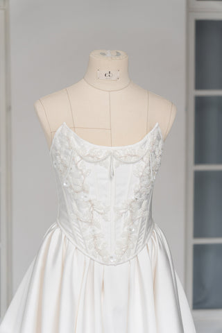 Wedding dress with silk corset top and removable satin skirt