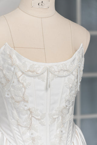 Wedding dress with silk corset top and removable satin skirt