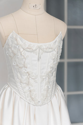 Wedding dress with silk corset top and removable satin skirt - designer piece by Caribis