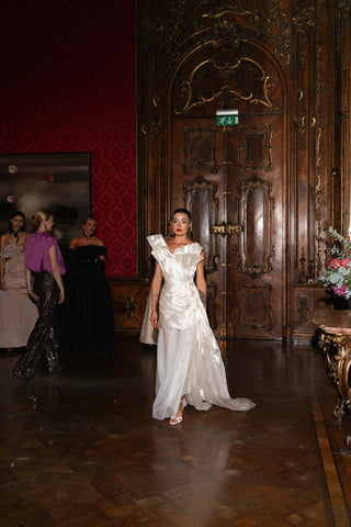 Tanya Bohdan x Caribis pearl silk and translucent tulle evening dress with asymmetric hem