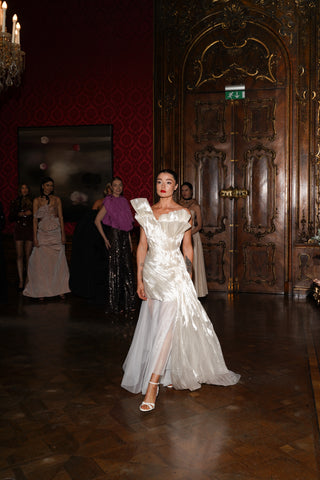 Tanya Bohdan x Caribis pearl silk and translucent tulle evening dress with asymmetric hem