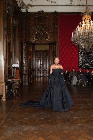 Tanya Bohdan x Caribis architectural matte taffeta wedding dress - elegant corset, voluminous hem, and sculptural silhouette