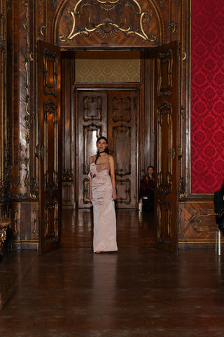 Tanya Bohdan x Caribis evening dress in powder pink with crystal embellishment and asymmetrical bow