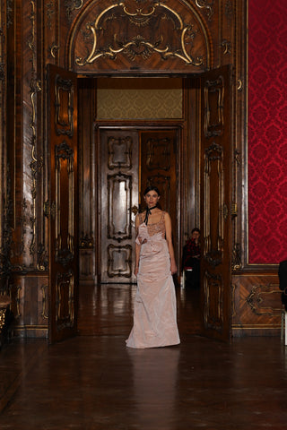 Tanya Bohdan x Caribis evening dress in powder pink with crystal embellishment and asymmetrical bow