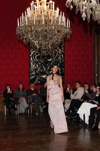 Tanya Bohdan x Caribis evening dress in powder pink with crystal embellishment and asymmetrical bow