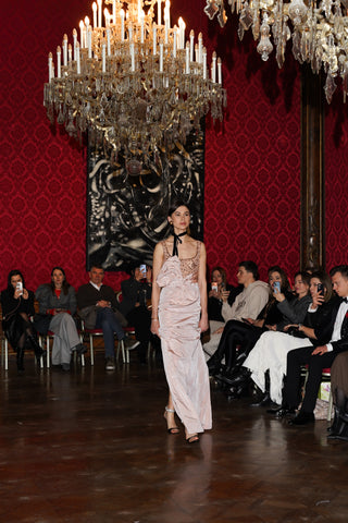 Tanya Bohdan x Caribis evening dress in powder pink with crystal embellishment and asymmetrical bow