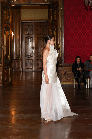 Tanya Bohdan x Caribis pearl silk and translucent tulle evening dress with asymmetric hem