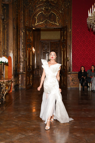 Tanya Bohdan x Caribis pearl silk and translucent tulle evening dress with asymmetric hem