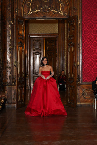Tanya Bohdan x Caribis bustier evening dress — royal satin and extreme volume
