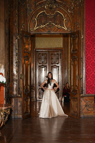 Tanya Bohdan x Caribis off-the-shoulder wedding dress - silky material, lacing on the back, and a long train