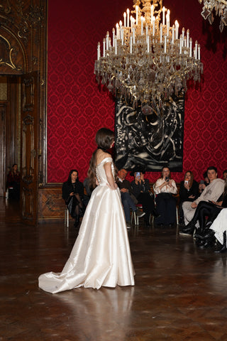 Tanya Bohdan x Caribis off-the-shoulder wedding dress - silky material, lacing on the back, and a long train