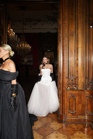 Wedding dress with a shifted waistline - a combination of silky satin and airy tulle