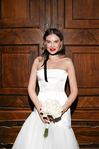 Wedding dress with a shifted waistline - a combination of silky satin and airy tulle - designer piece by Caribis