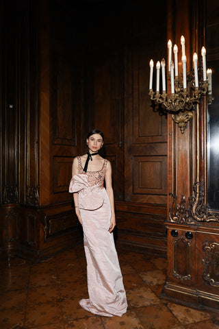 Tanya Bohdan x Caribis evening dress in powder pink with crystal embellishment and asymmetrical bow