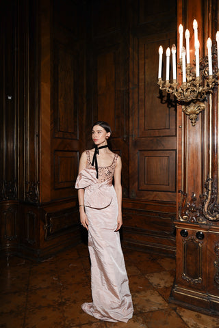 Tanya Bohdan x Caribis evening dress in powder pink with crystal embellishment and asymmetrical bow - designer piece by Caribis