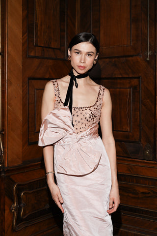 Tanya Bohdan x Caribis evening dress in powder pink with crystal embellishment and asymmetrical bow