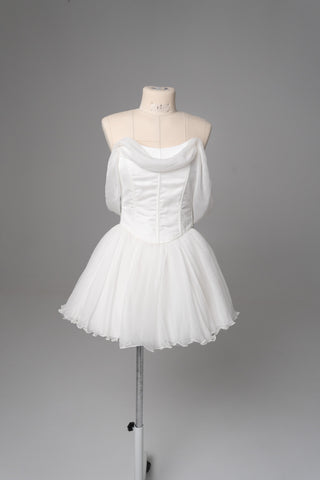 Natural silk set with asymmetrical elements — a corset with dropped sleeves and a skirt with different length options