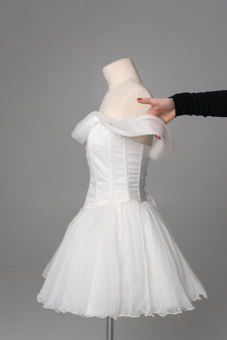 Natural silk set with asymmetrical elements — a corset with dropped sleeves and a skirt with different length options