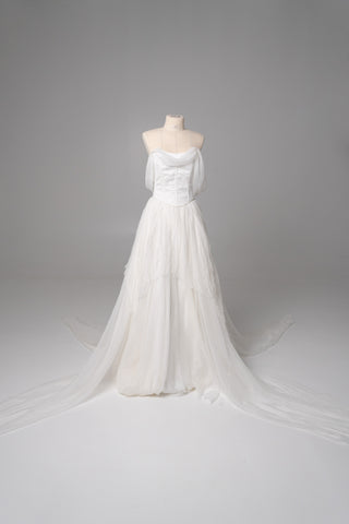 Natural silk set with asymmetrical elements — a corset with dropped sleeves and a skirt with different length options