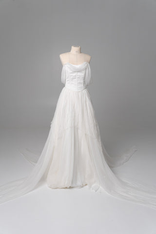 Natural silk set with asymmetrical elements — a corset with dropped sleeves and a skirt with different length options