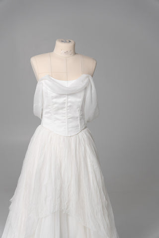 Natural silk set with asymmetrical elements — a corset with dropped sleeves and a skirt with different length options