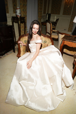 Tanya Bohdan x Caribis off-the-shoulder wedding dress - silky material, lacing on the back, and a long train