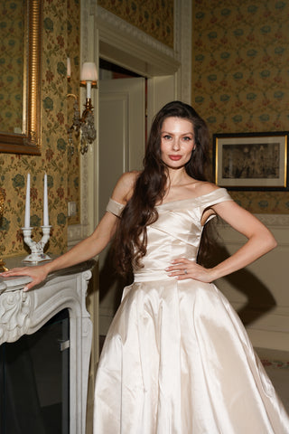 Tanya Bohdan x Caribis off-the-shoulder wedding dress - silky material, lacing on the back, and a long train