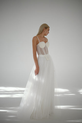 Classic lace-up mesh corset with fan cups, metal boning, and removable straps