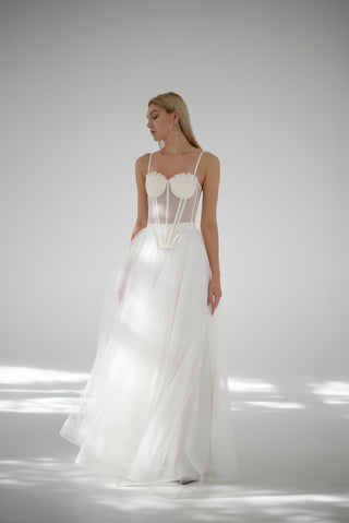 Classic lace-up mesh corset with fan cups, metal boning, and removable straps