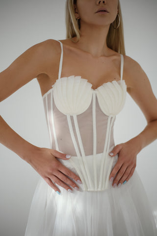 Classic lace-up mesh corset with fan cups, metal boning, and removable straps