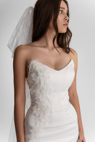 Short wedding dress with built-in corset and 3D flowers - designer piece by Caribis