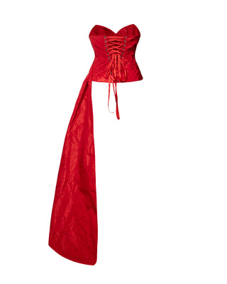 Red corset with train — a striking accent for special occasions - designer piece by Caribis