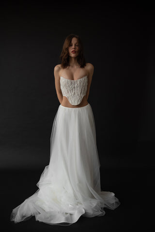 Wedding dress with pearl-embroidered corset and two-tier tulle skirt