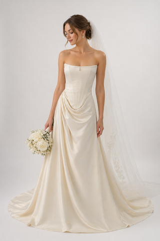 Satin corset with rounded bottom and A-line skirt — open corset without straps with draped skirt with train