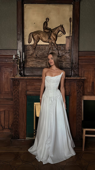 Wedding set with corset and skirt — corset with embroidery, crystals, and asymmetrical neckline, A-line skirt with lacing at the back