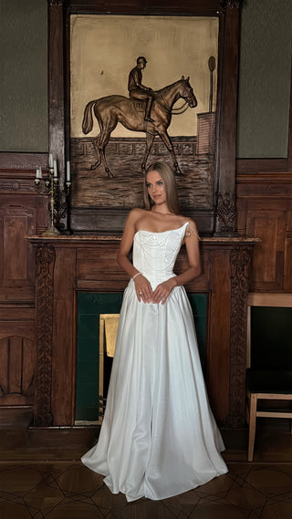 Wedding set with corset and skirt — corset with embroidery, crystals, and asymmetrical neckline, A-line skirt with lacing at the back